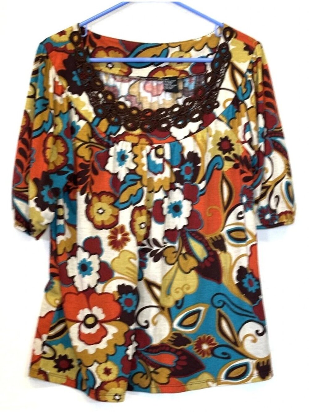 Floral Top Size Large with Crochet Accent on Neck Smock Style